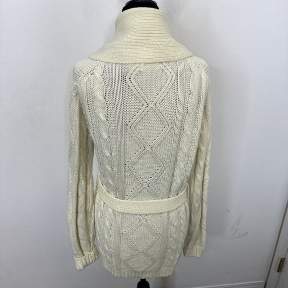 Vintage Kari Lynn Woman M Open Cardigan Belted Cable Knit Sweater Fisherman 70s - Picture 3 of 7